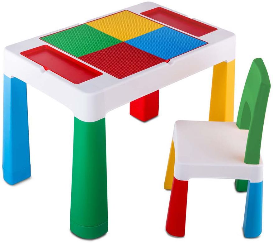 Детский стол и стульчик LAMOSA MULTIFUN 5 в 1 разноцветный регулируется по высоте, герметичная ниша, для игр с кинетическим песком и водой, универсальная поверхность для всех видов конструкторов, от 1.5 года, стул в комплекте