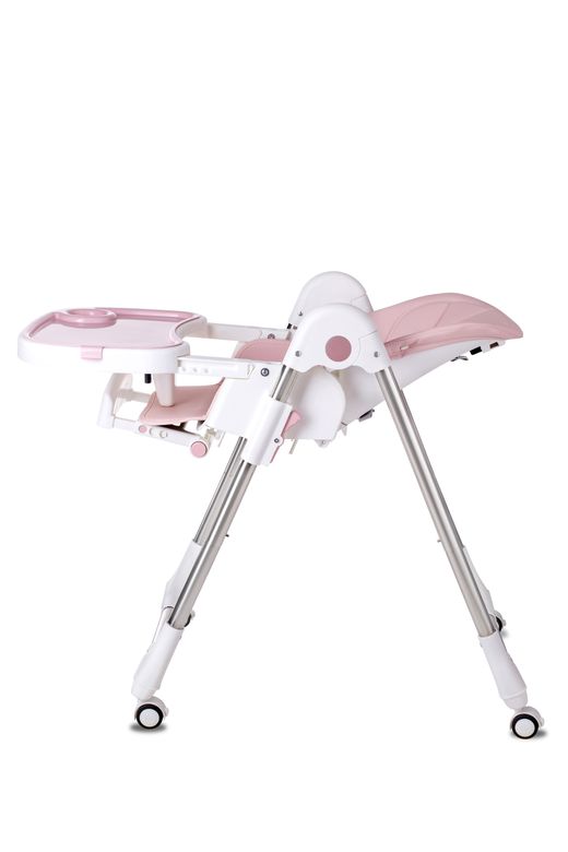 Стільчик для годування LAMOSA HAPPY DELUXE рожевий, від народження до 3х років, зручний у використанні та зберіганні, колеса, 5-точкові ремені, зйомний підніс-столешня, регулювання по висоті, регулювання положення спинки та підніжки, сертифікати якості