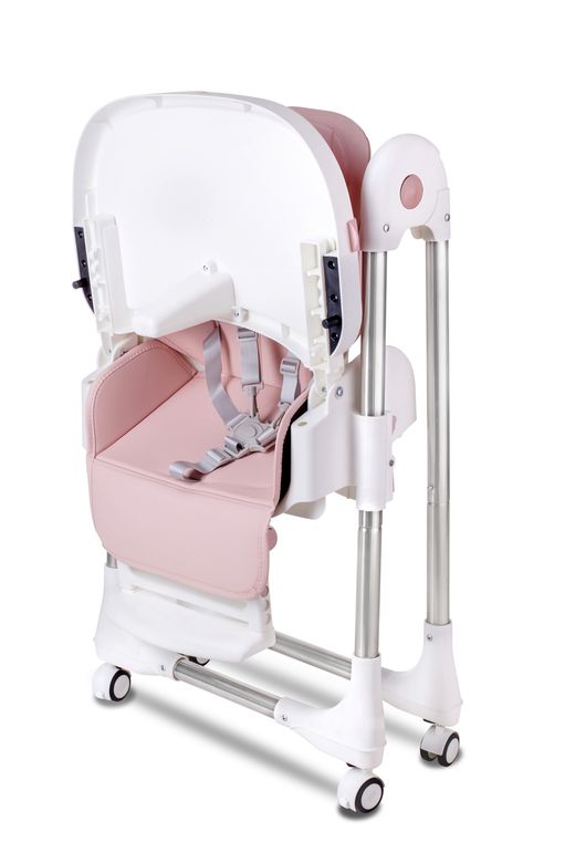 Стільчик для годування LAMOSA HAPPY DELUXE рожевий, від народження до 3х років, зручний у використанні та зберіганні, колеса, 5-точкові ремені, зйомний підніс-столешня, регулювання по висоті, регулювання положення спинки та підніжки, сертифікати якості