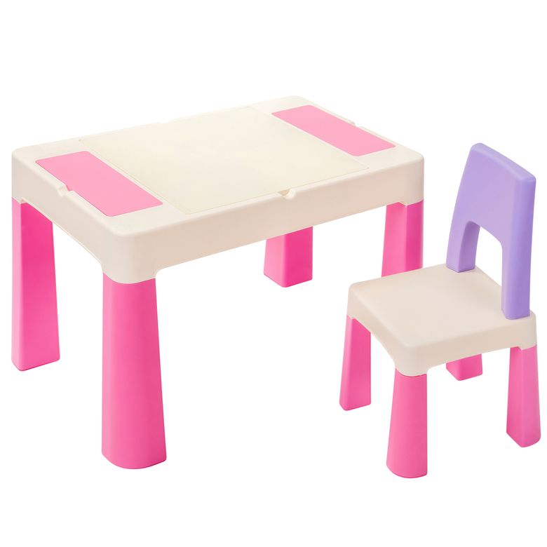Дитячій стіл та стільчик LAMOSA MULTIFUN 5 в 1 рожевий, регулюється по висоті, герметична ніша для гри з кінетичним піском та водою, универсальна поверхня для всіх видів конструкторів, від 1,5 років, стільчик в комплекті