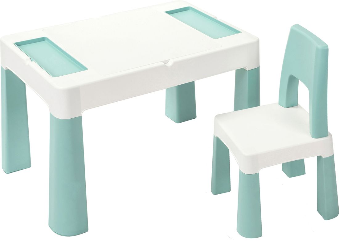 Дитячій стіл та стільчик LAMOSA MULTIFUN 5 в 1 пастельно-блакитний, регулюється по висоті, герметична ніша для гри з кінетичним піском та водою, универсальна поверхня для всіх видів конструкторів, від 1,5 років, стільчик в комплекті