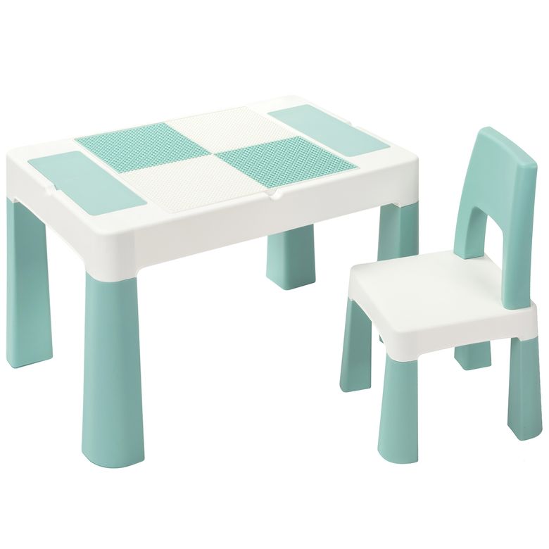 Дитячій стіл та два стільчика LAMOSA MULTIFUN 5 в 1 пастельно-блакитний, регулюється по висоті, герметична ніша для гри з кінетичним піском та водою, универсальна поверхня для всіх видів конструкторів, від 1,5 років, два стільчика в комплекті