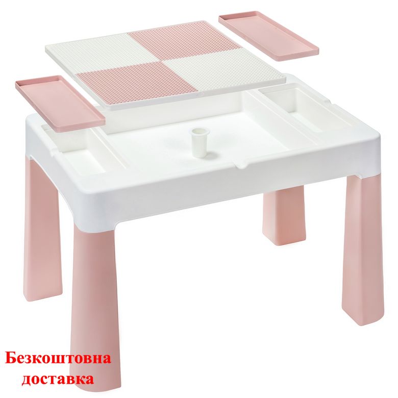 Дитячій стіл та два стільчика LAMOSA MULTIFUN 5 в 1 пастельно-рожевий, регулюється по висоті, герметична ніша для гри з кінетичним піском та водою, универсальна поверхня для всіх видів конструкторів, від 1,5 років, два стільчика в комплекті